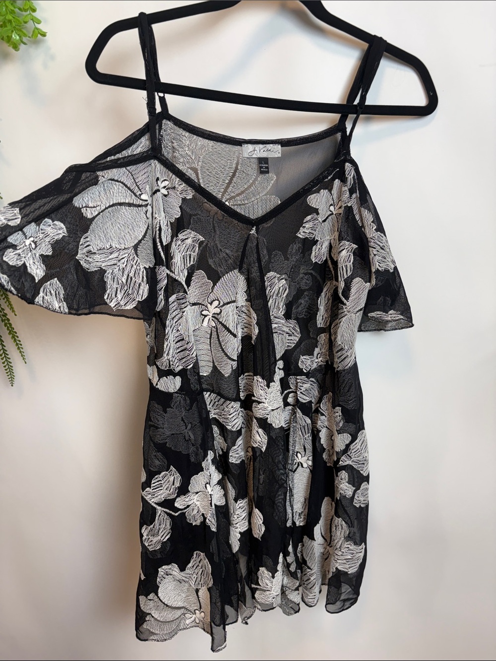 Cold-Shoulder Floral Embroidered Black Blouse